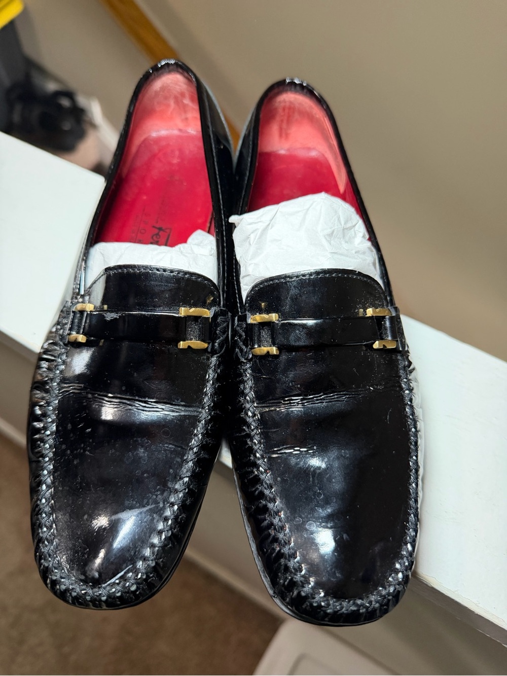 Vintage Salvatore Ferragamo Black Leather Women’s Bit Loafers with Gold Hardware